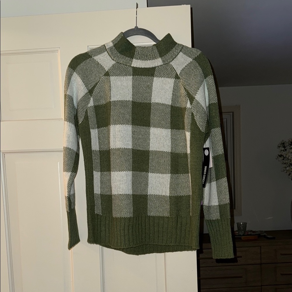 Calvin Klein Green and White Plaid Turtleneck Sweater